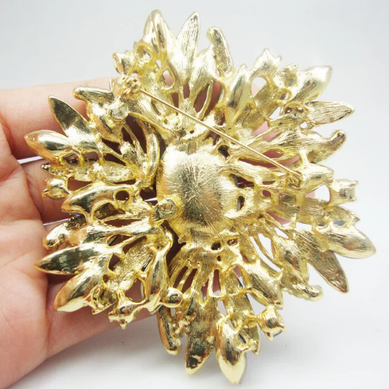Fashion Luxury Design Vintage Style Blue Oval Flower Pendant Brooch Pin Rhinestone Crystal Gold Tone Multi-color Selection