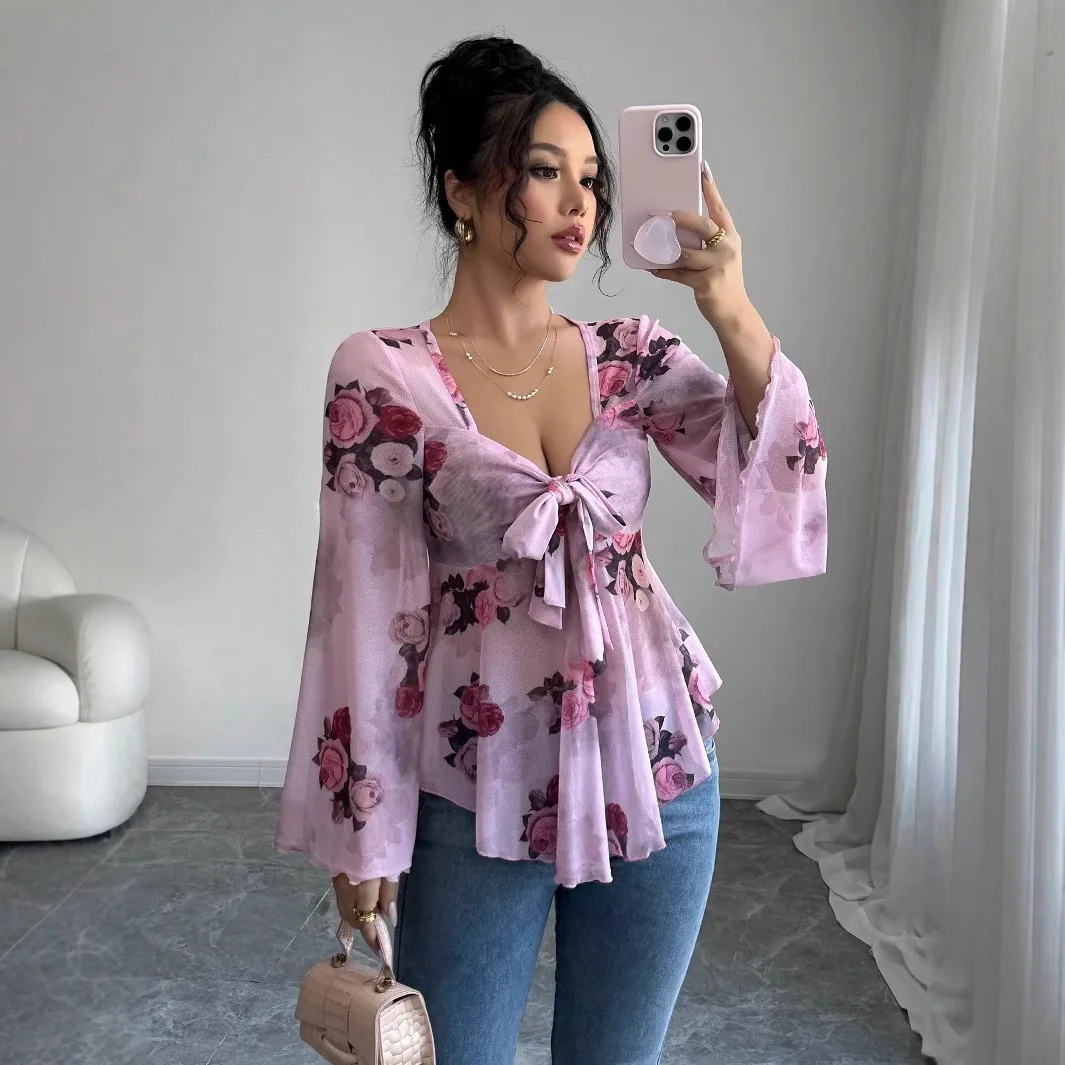 

Women French Sweet Flower Blend Tie Square Neck Long Sleeved Shirt Women Bow Purple Long Sleeve V Neck Blouse Blusas Manga Larga