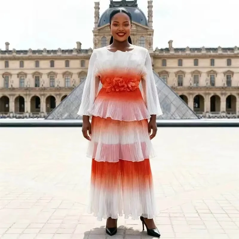 ANLAN Colorblock Gradient Women's Pleated Dress Patchwork Design Fashion Light Luxury Ruffled Tiered Dresses 2026 Summer New
