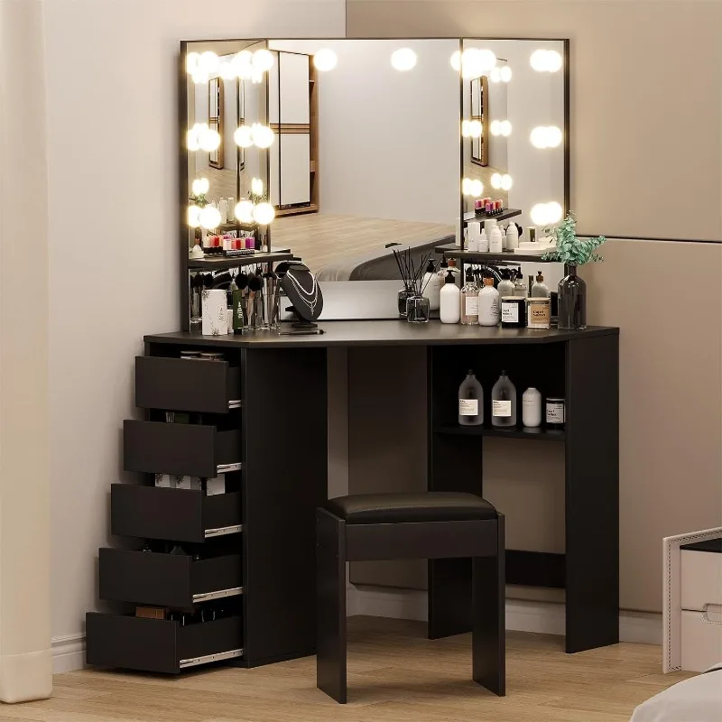 Vanity Desk with Mirror and Lights, Corner Makeup Vanity Desk, Large Dressing Tables with Charging, 5 Drawers