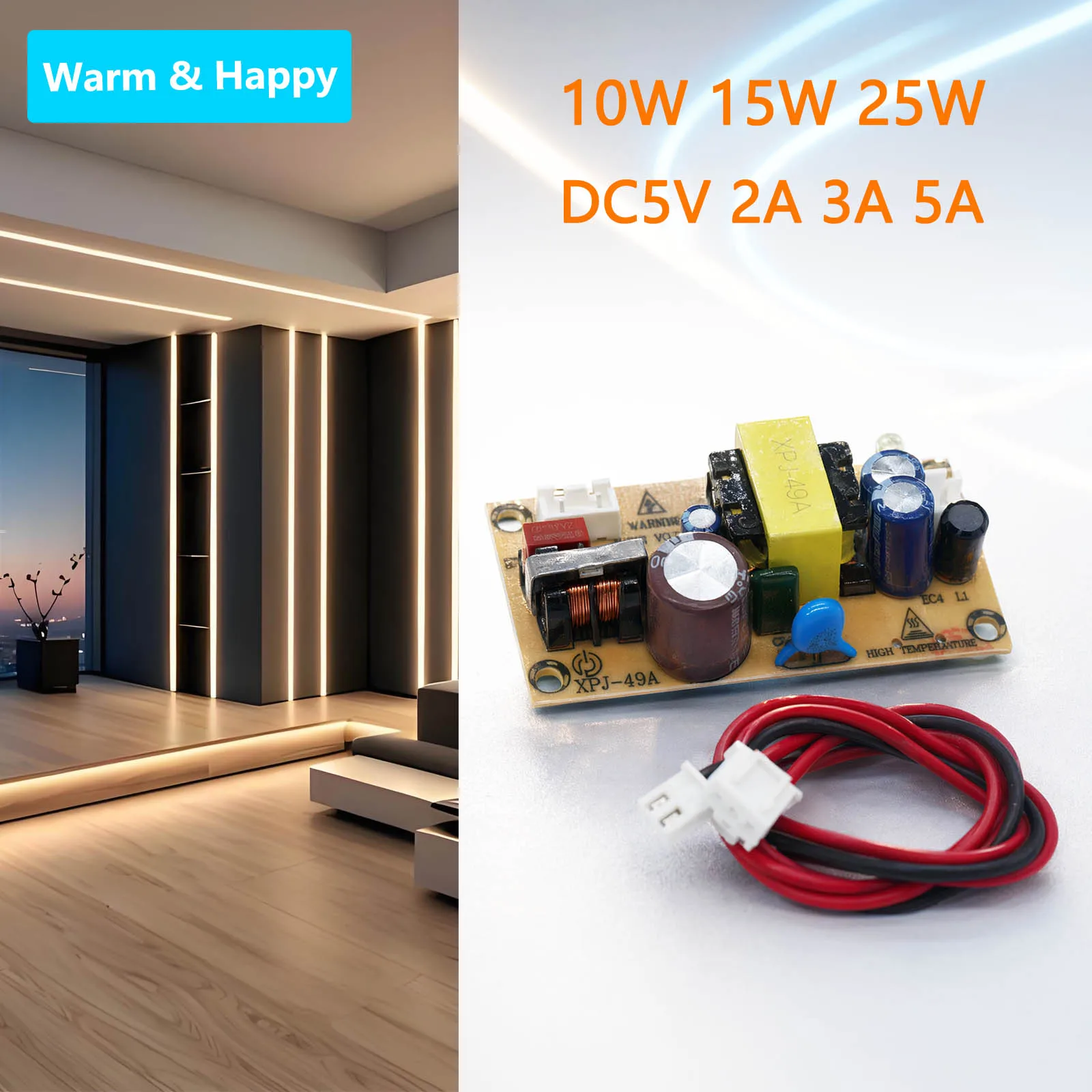10W 15W 25W 2A 3A 5A Switch Power Supply Driver Bare Board 180-265V to 5V Transformer for LED Strip Replacement/Maintenance