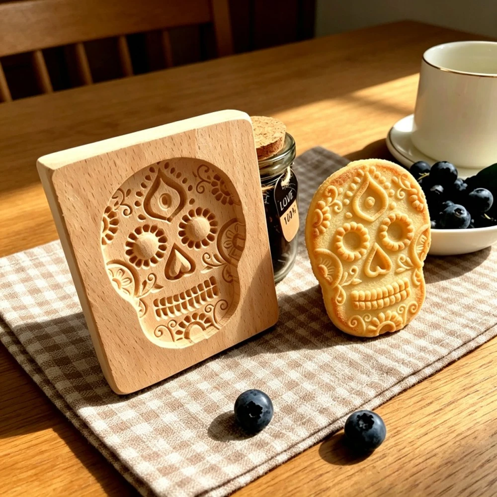 Holz-Kekspresse zum Backen, 3D-geschnitzter Lebkuchenstempel aus Buchenholz, Halloween-Kürbis-Geist-Prägeform für Kekse – Detail 2