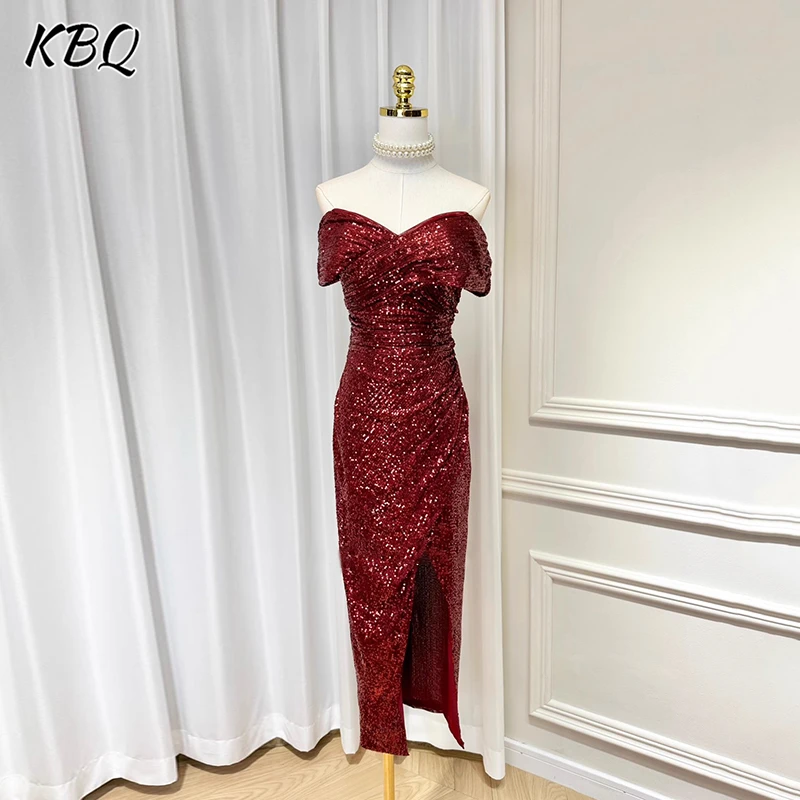 

KBQ Solid Spliced Sequins Tunic Dresses For Women Square Collar Short Sleeve Spliced Folds Temperament Evening Dress Female New