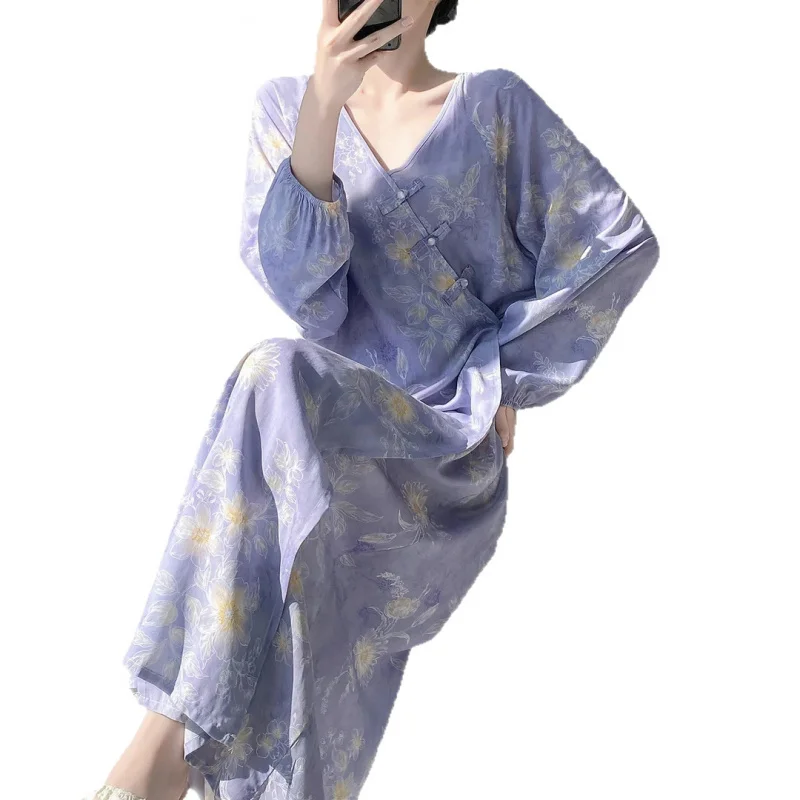 Floral Cotton Silk Nightgown Women, Long-Sleeved, Loose And Thin, Suitable Spring Summer, Simple Comfortable Home Wear - view 5