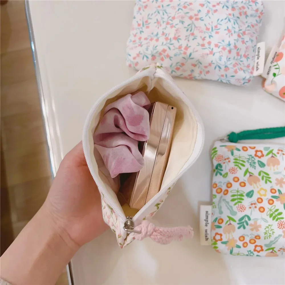 Small Cosmetic Bag Fresh Pink Floral Cotton Coin Purse Mini Cloth Card Case Earphone Lipstick Storage Pouch Cute Makeup Case