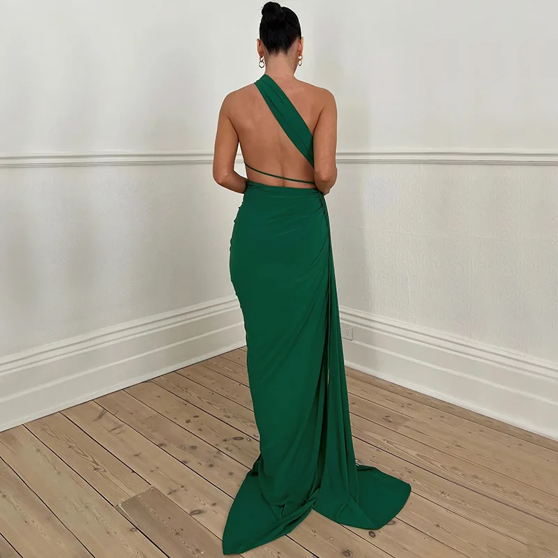 Fashionable Sexy Backless Party Dress With Neckband Hollowed Out Prom Gown Strapless High Waisted Slit Evening Robes