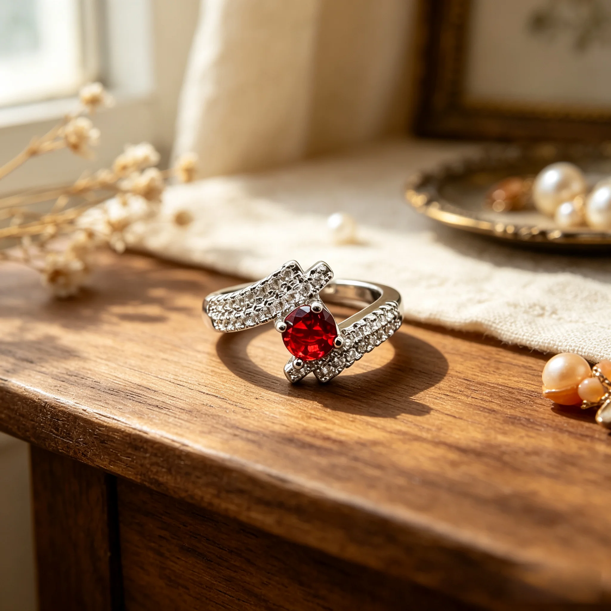 Vintage Silver Rotatable Flower Anxiety Ring Red Crystal Adjustable Open Finger Ring Women Fidget Spinner Stress Relief Gift