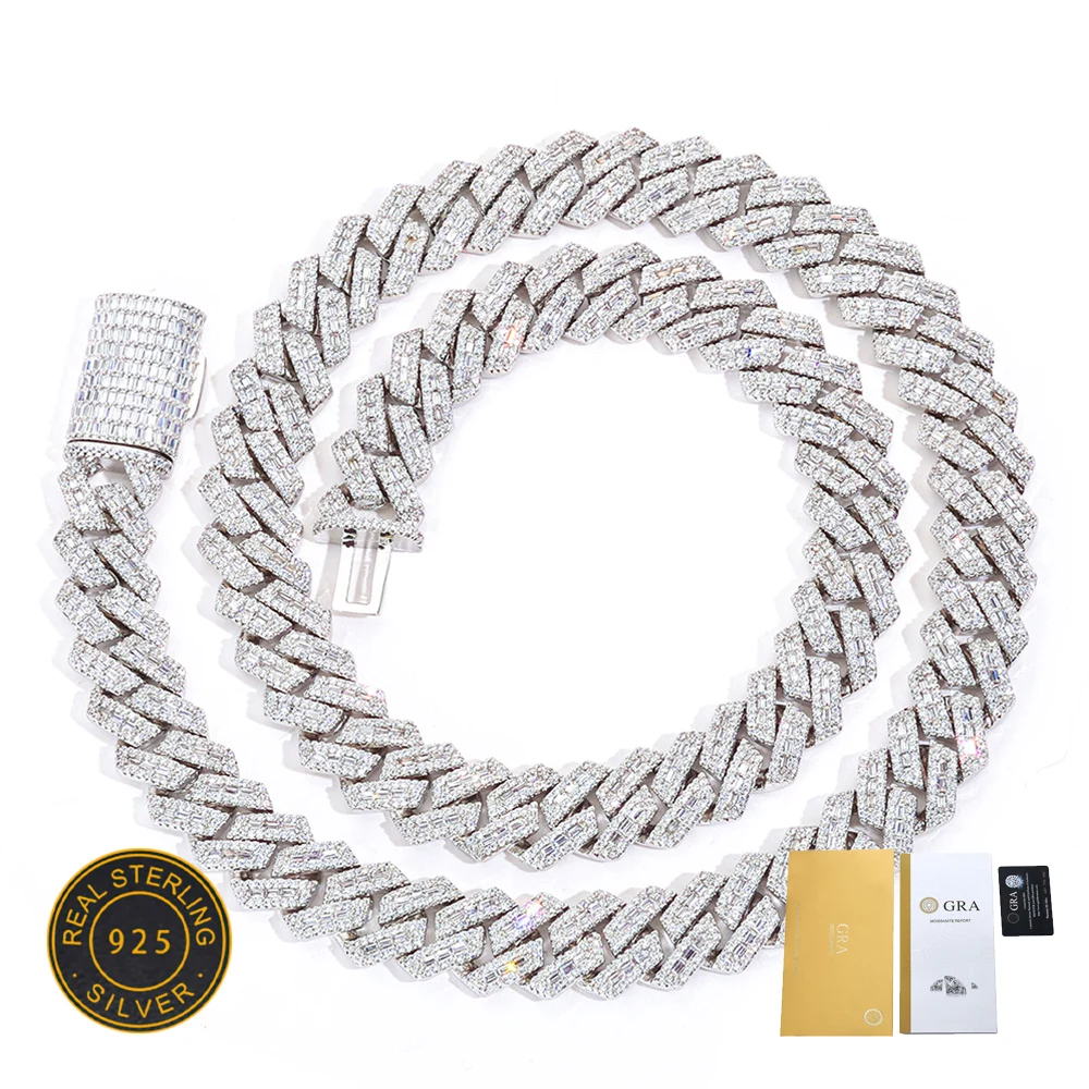 

NY 925 Sterling Silver Iced Prong Cuban Chain Necklace Hip Hop Bling Baguette Moissanite Diamond Cuban Chain Men Jewelry