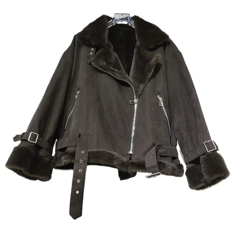 Women's 2026 Winter Short Lapel Imitation Suede Jacket European and American Style Large Size Fur Integrated Lamb Wool Jacket