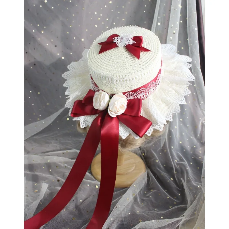 Cappello di paglia Lolita Foresta Dolce fiocco Ragazza francese Fiore Cappello parasole Cappello a cilindro piatto Lolita per bambini