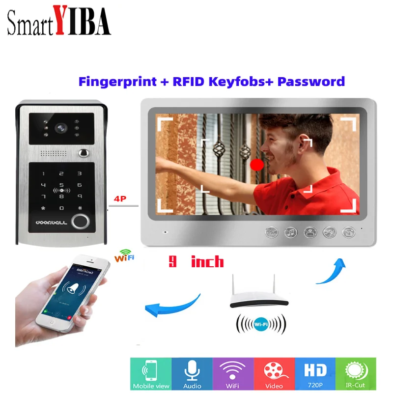 

SmartYIBA 9" WIFI Video Door Phone Tuya Smart Monitor Doorbell Fingerprint/Password/RFID Unlock Building Door Intercom System