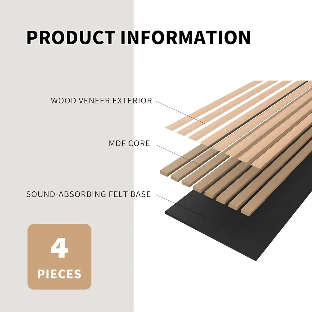 Wood Slat Wall Panels, 4 Pack Accent Decorative Acoustic Wood Slats for Wall and Ceilings, Acoustic Panels 8 x 1 ft