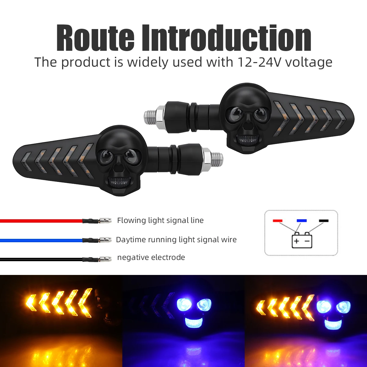 1Pair Motorcycle Skull Head LED Turn Flowing Signal Light Dual Color Skeleton Arrow Amber Flashing Blinker Indicator - view 2