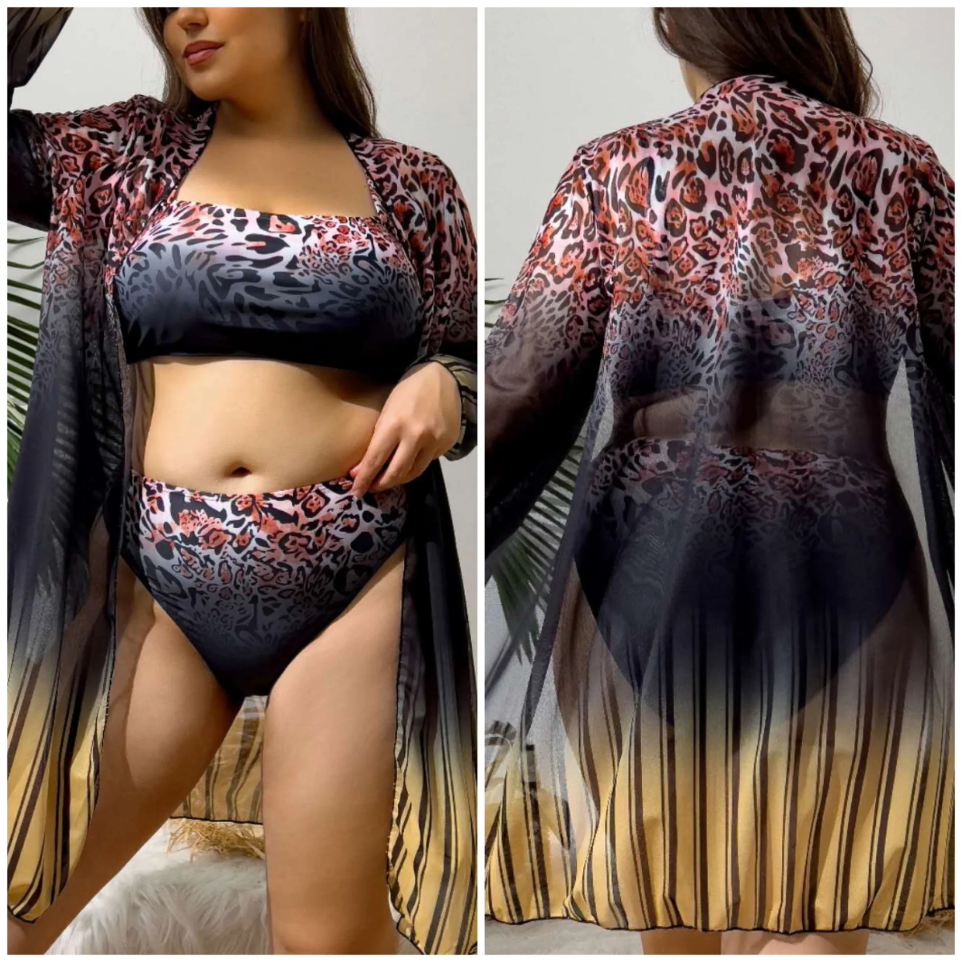 2024 Sexy Plus Size Three-piece Sets Fashion High-waisted Split Bikini Women Swimsuit Beach Vacation Casual Floral Swimsuit Set