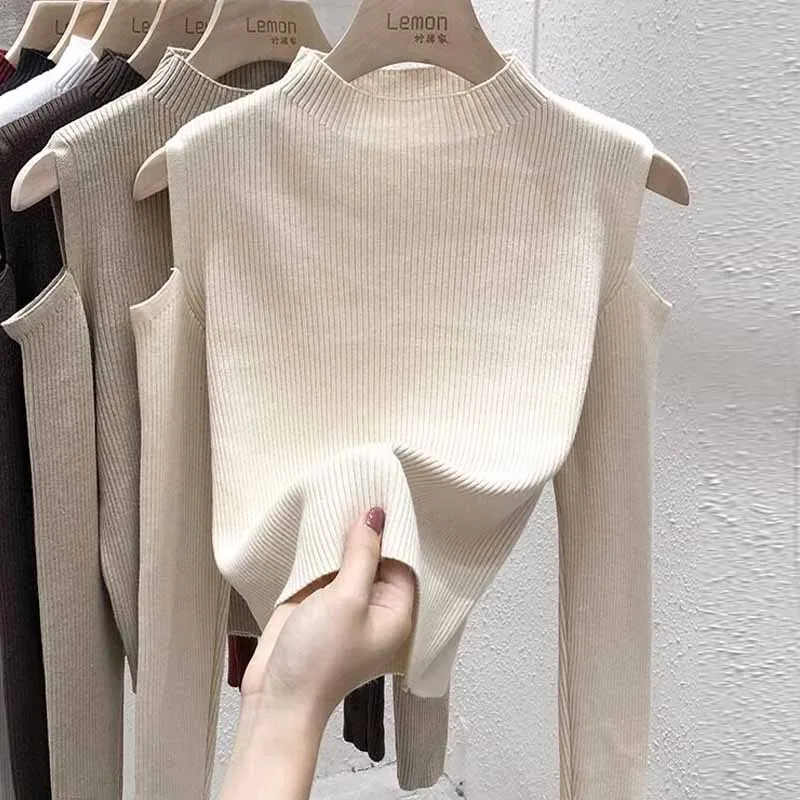 2026 New Long Sleeve Knitted Sweater Women Pullovers Slim Mock Neck Off-shoulder Knit Sweater Pullover Women Tops Sweaters Q6554