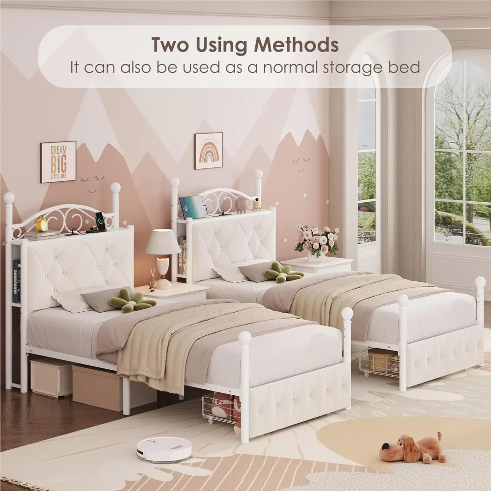 إطار سرير بمظلة منجد مزدوج من Keyluv مع درج ولوح رأسي للتخزين الكريستالي مع محطة شحن #5