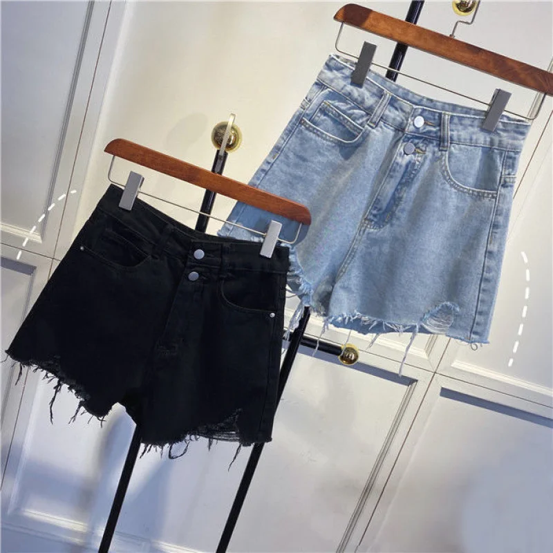 

Джинсовые шорты с высокой талией для женщин, лето 2021. Новые винтажные шорты с высокой талией, свободного кроя, в стиле Hyuna, с рваными краями и двойной застежкой.
