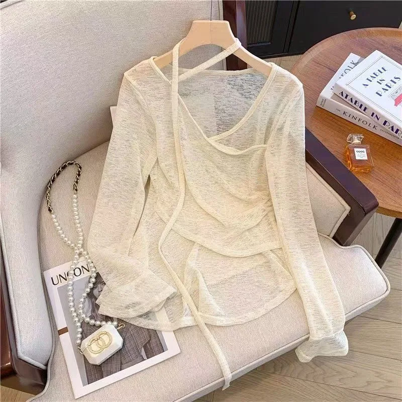 เสื้อยืดแขนยาวทรงเข้ารูปสำหรับผู้หญิง แต่งระบาย ดีไซน์เกาหลี เซ็กซี่ ผูกเอว สไตล์ Y2K เสื้อผ้าฤดูใบไม้ร่วง