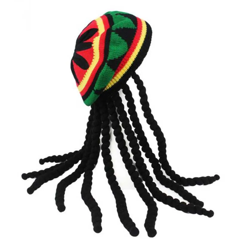 Men Jamaica Bob Marley Rasta Beanie False Wig Braids Hat Wool Knitting Hat for Women Men Halloween Decorative Winter Warmer Cap