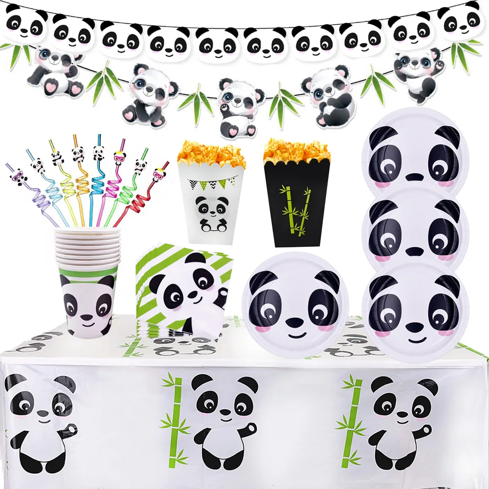 Panda Birthday Party Supplies Panda Disposable Dinnerware Set with Panda Paper Plates Cups Napkins Straws Banner for Panda Party