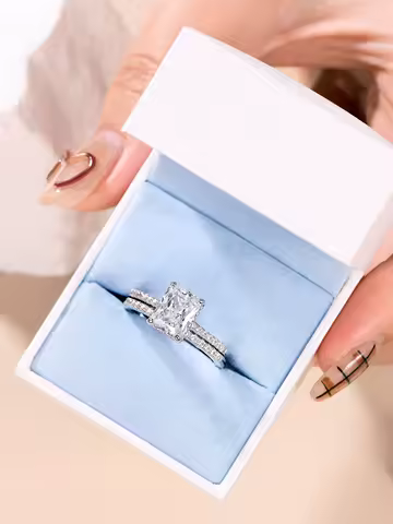 Newshe Prata 925 Silver Wedding Rings Set for Women Anillos White 7*9MM Radiant Cut CZ Diamond Ring Luxury Engagement Jewelry