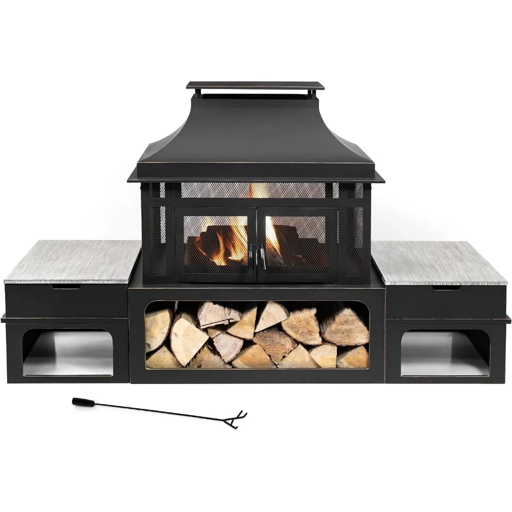 80 Inch Metal Wood Burning Fire Pit with Side Storage Tables Smokeless Outdoor Patio