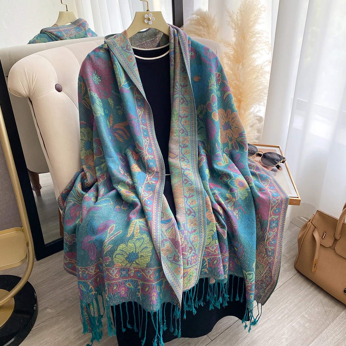 

Women's Luxury Jacquard Scarf with Floral Patterns New Winter Faux Cashmere Wraps Ideal Travel Friendly Warm Poncho Shawl