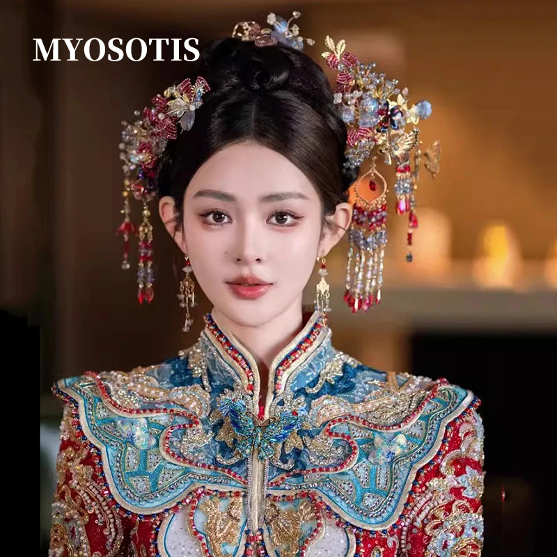 Bridal Headdress Chinese Style Red Blue Ancient Style Tassel Hairpin Butterfly Costume Hanfu Xiuhe Suit Wedding Hair Accessories