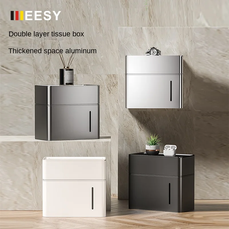 European Bathroom Wall-Mounted Tissue Box, Rust-Proof, Aerospace Aluminum, Double-Layer, Large Capacity, Anodized Oxidation