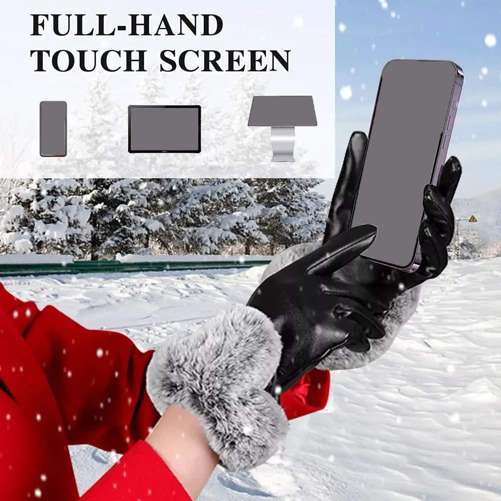 Women's Large V-shaped Touch Screen Warm Plush Leather Gloves Winter Cycling Fashion Black PU Leather Gloves