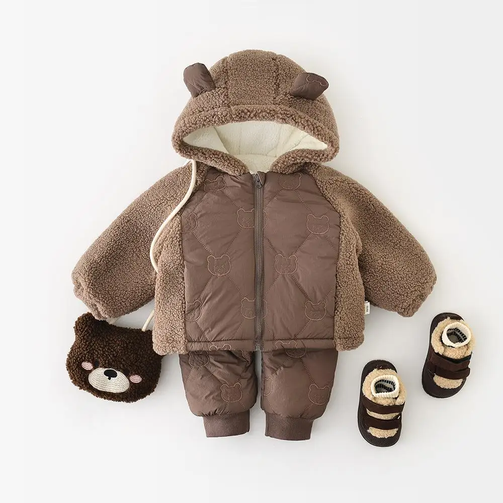 2025 Winter New Baby Plus Velvet Thick Clothes Set Girls Fleece Hooded Coat + Warm Pants 2pcs Suit Cotton Toddler Outfits