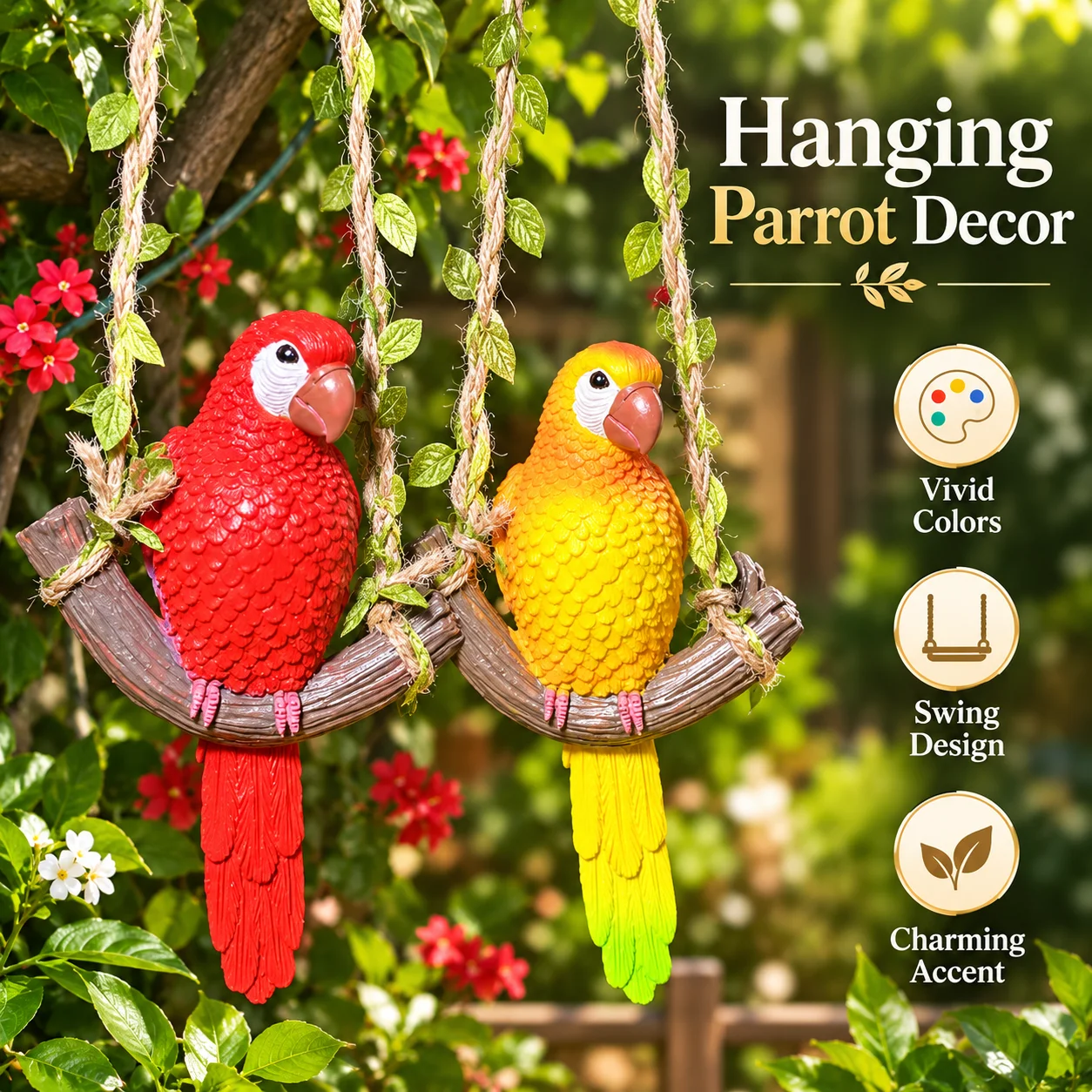 Resin Parrot Swing Hanging Ornament, Simulation Bird Figurine, Garden Tree Hanging Decor, Patio Yard Animal Pendant Gift
