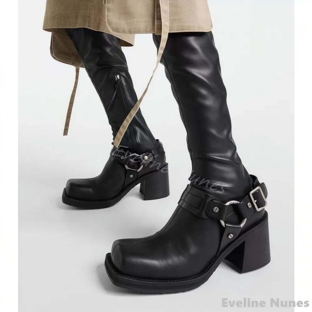 Square Toe Metal Belt Buckle Motorcycle Boots Women Chunky Heel Side Zipper Black Leather Knee High Boots 2025 New Stretch Boots