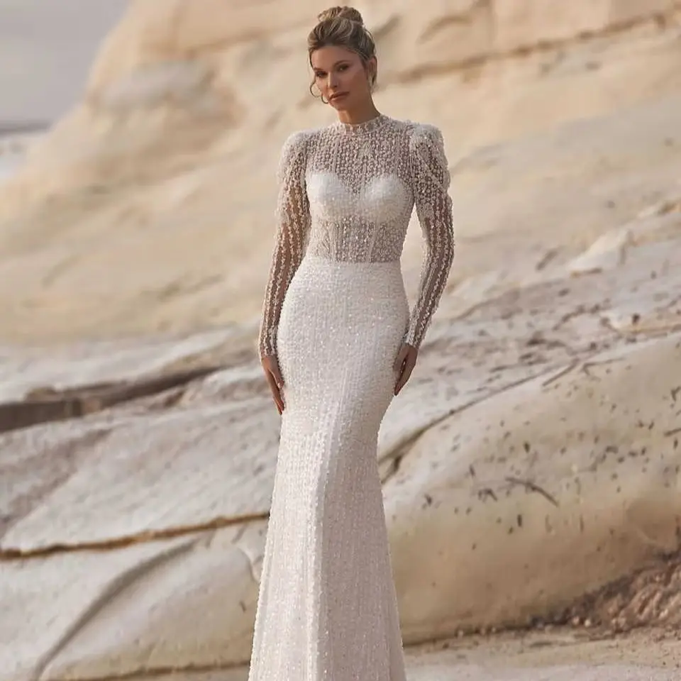 Luxury Mermaid Wedding Dresses Beading Sequins Lace Long Sleeve High Neck Bridal Gown Sweep Train Vestido De Noiva Customized