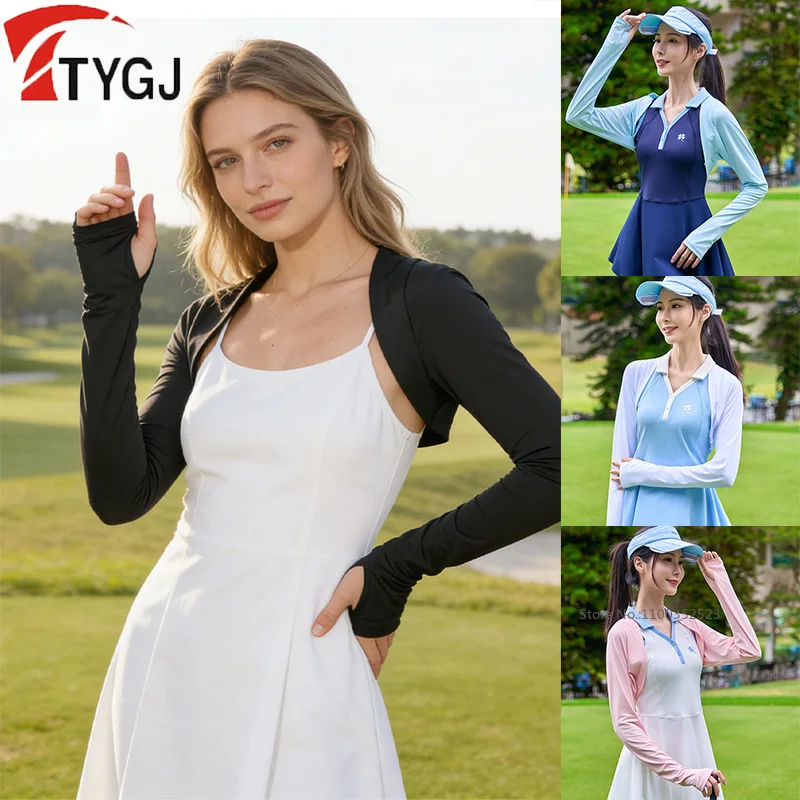 TTYGJ Summer Sunscreen Shawl Women Arm Sleeves Outdoor Cycling Anti-UV Crop Tops Versatile Fashion Golf Shirt Cooling Ice Silk