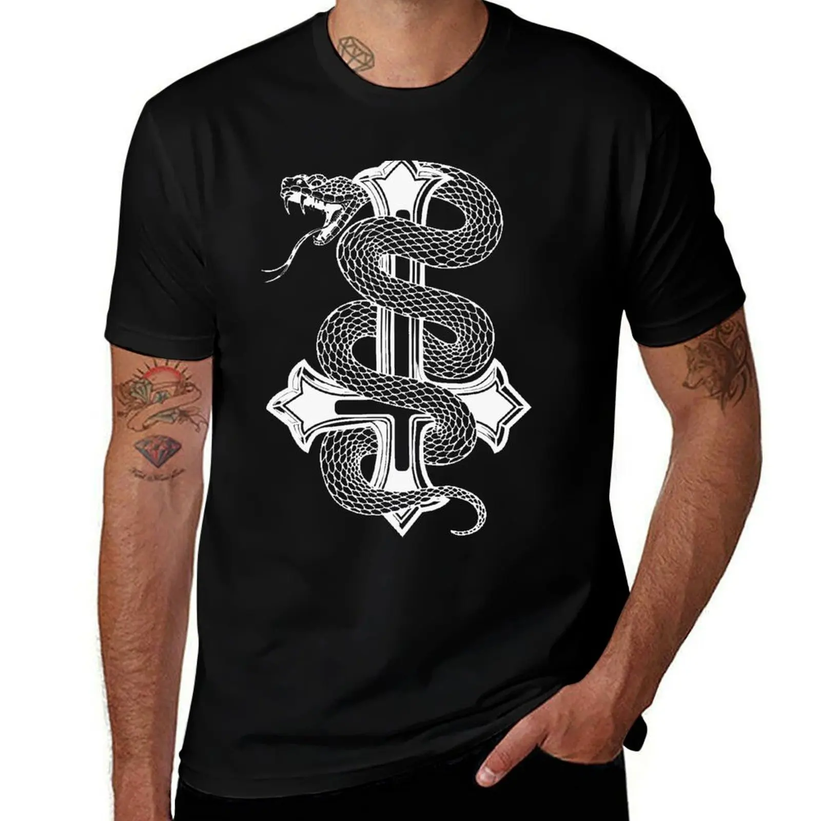 

Upside-Down Cross Serpent T-Shirt customizeds custom t-shirts Anime t-shirt mens fashion