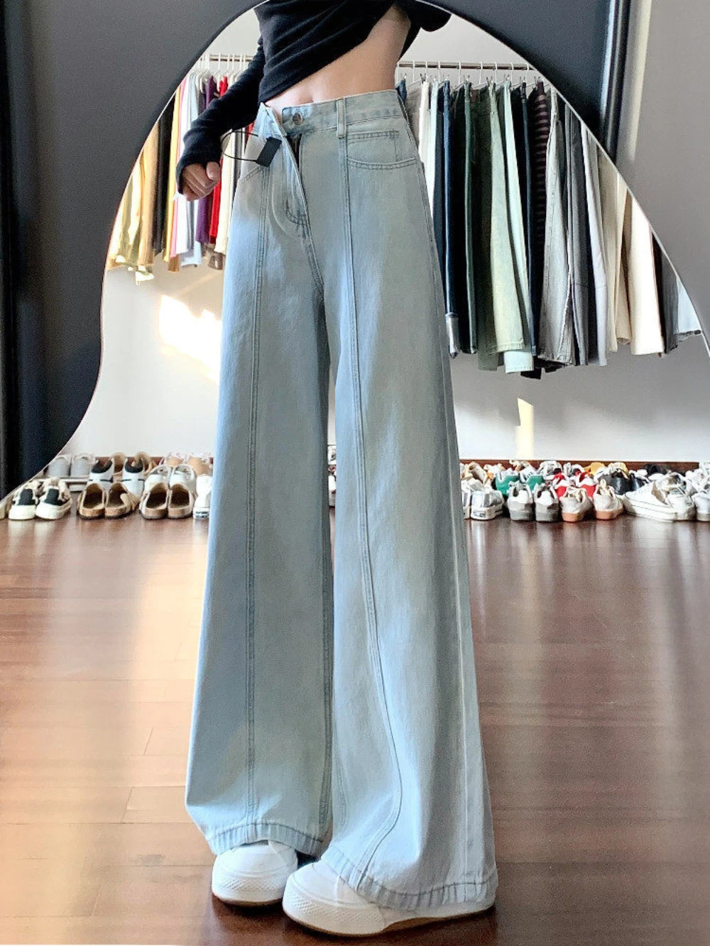 Women Versatile High Waist Baggy Denim Jeans Light Washed Vertical Stitch Detail Loose Wide Leg Floor‑Cut Casual Street Trousers
