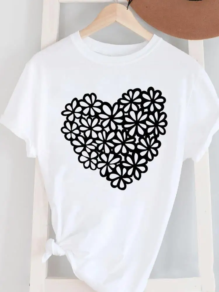 الملابس المطبوعة المحملة المرأة عارضة السيدات الجرافيك تي الملابس أزياء الحلو الحب الكرتون امرأة بيضاء قصيرة الأكمام س الرقبة تي شيرت