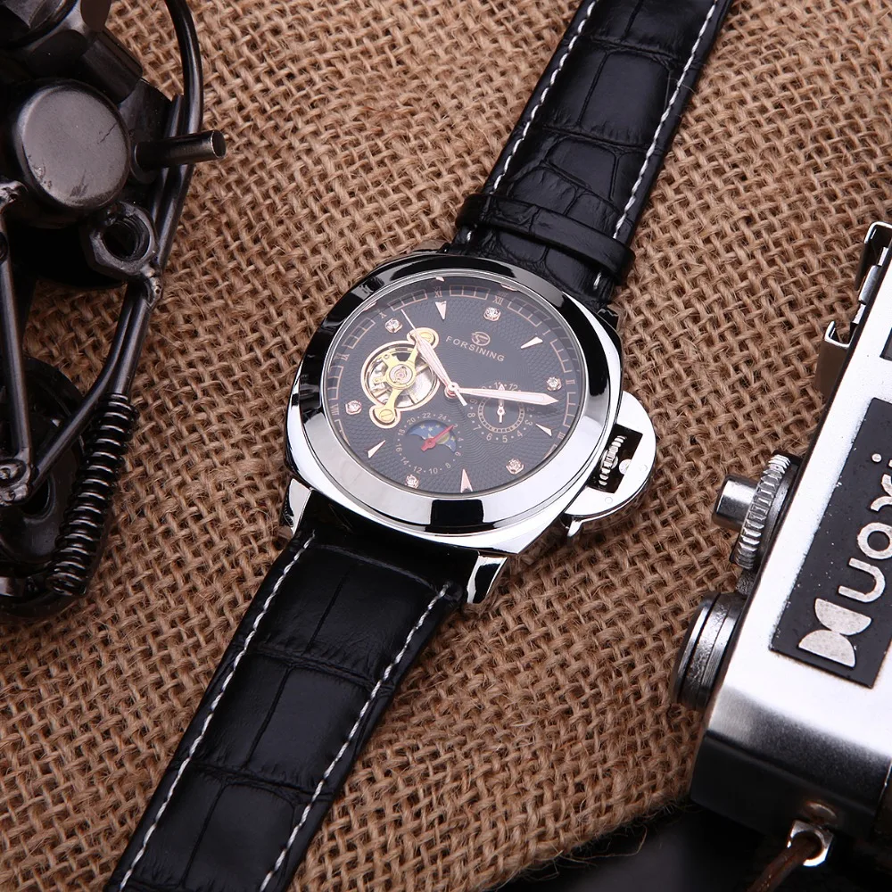 FORSINING Fashion Brand Men\'S Casual Watches Men Leather Band Hand Wind Skeleton Mechanical Wirst Watches Relogio Masculino