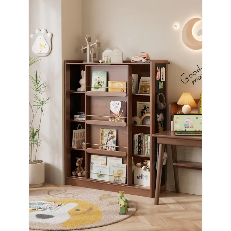 Solid Wood Kids Bookshelf with Sliding Doors Multi Layer Storage Shelf Compatible with Home Furniture Organization SJ026