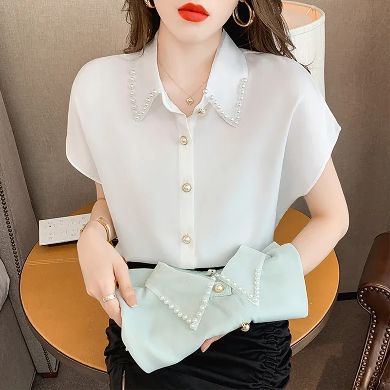 Office Ladies Chiffon Shirts Summer 2024 Elegant Korean Fashion Short Sleeve Beading White Blusas Women Green Blouses Y2k Tops