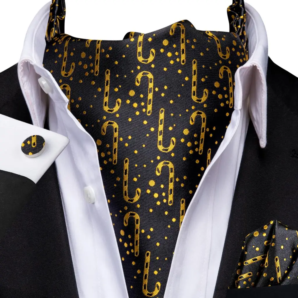 

Hi-Tie Silk Men Christmas Ascot Black Gold Hanky Cufflinks Set Jacquard Vintage Xmas Cravat Tie Wholesale for Male Prom