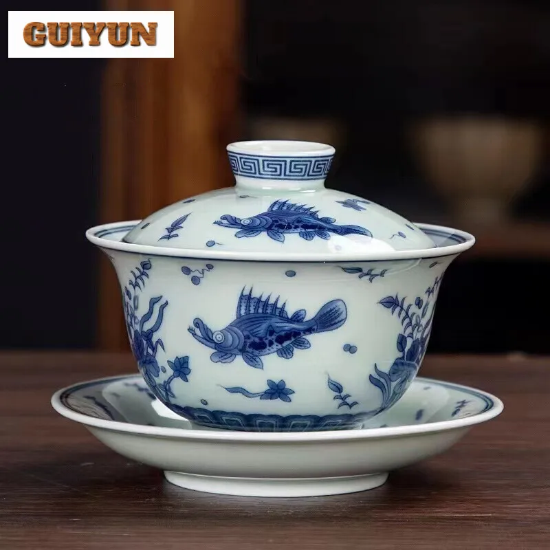 200ml Blue and White Porcelain Single Tea Making Bowl, Sancai Gaiwan Ceramic Glazed Red Lid Bowl Household Kung Fu Teaset Gifts