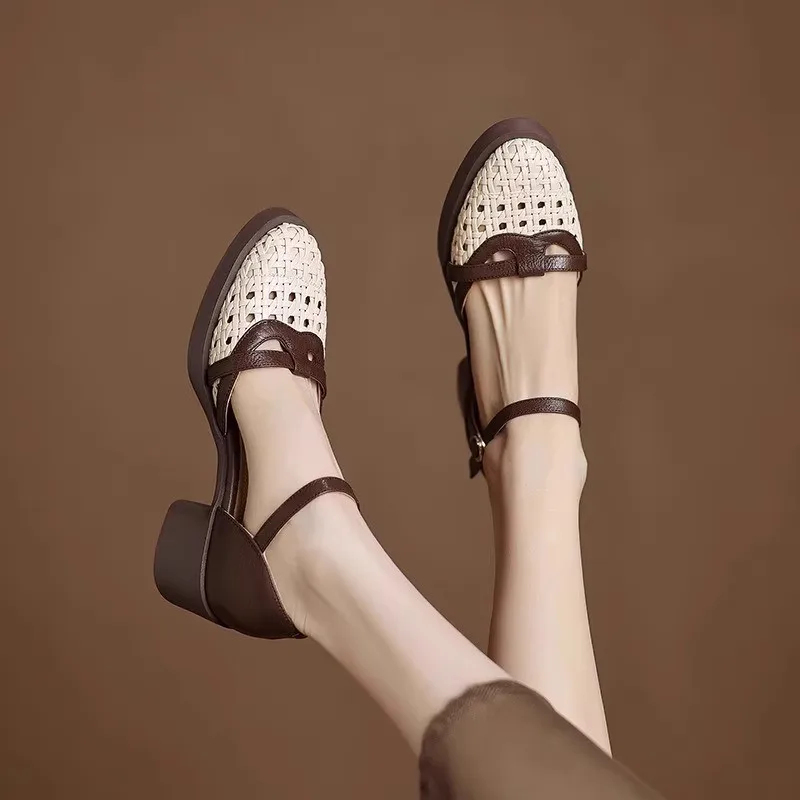 2025 صيف جديد المرأة جلد الغنم مضفر ستوكات المرقعة الصنادل 5 سنتيمتر كعب مكتنز منصة عادية أنثى ميد أحذية بكعب #3