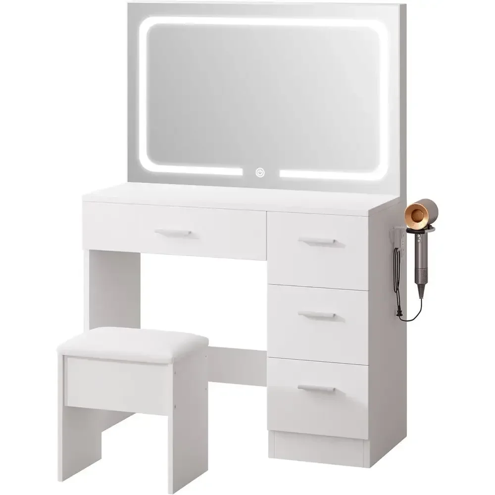 35.4 LED Mirror Vanity Desk with Charging Station & 4 Drawers - Modern Bedroom Furniture, White