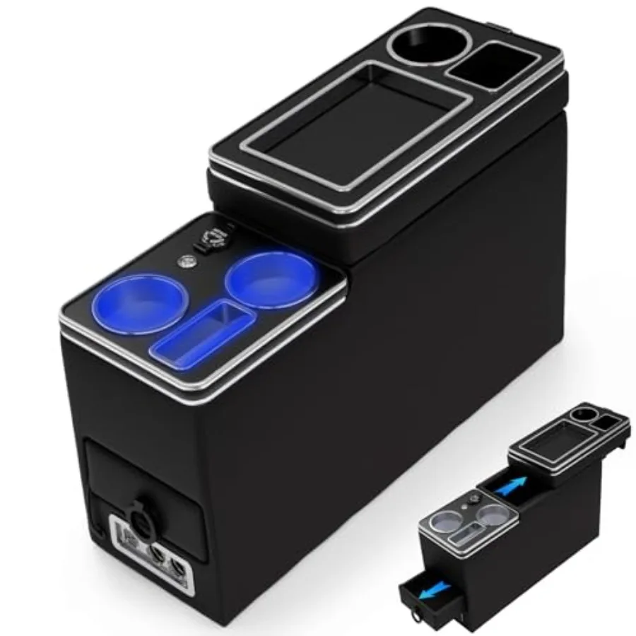 

Center Console Between Seat Organizer for Minivans SUVs with Dual USB Charging Front Back Ambient Lighting Drawers Black Storag