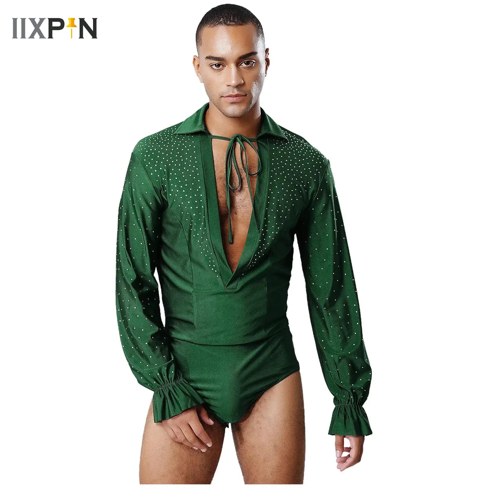 

Men Latin Tango Rumba Dance Shirt Gymnastics Leotard Bodysuit Deep V Neck Ballroom Dancewear Shirt Top Halloween Costume Outfits