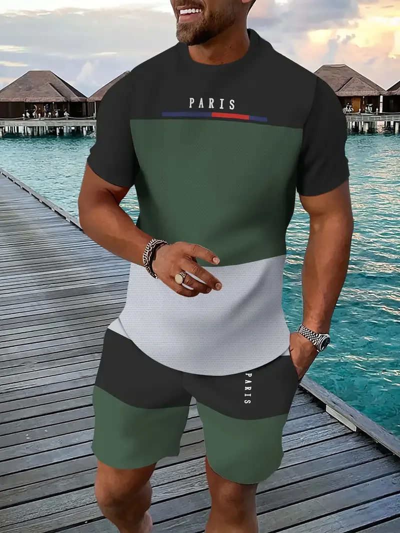 Retro Casual Sports Set with 3D Printed Pattern, Men's Summer Short Sleeved Round Neck T-shirt Color Blocking Set