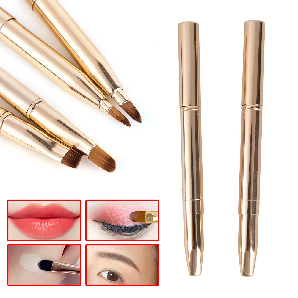 Brochas de maquillaje de piezas, pincel retráctil de doble cabeza, delineador de ojos, sombra de ojos, base, herramienta cosmética dorada