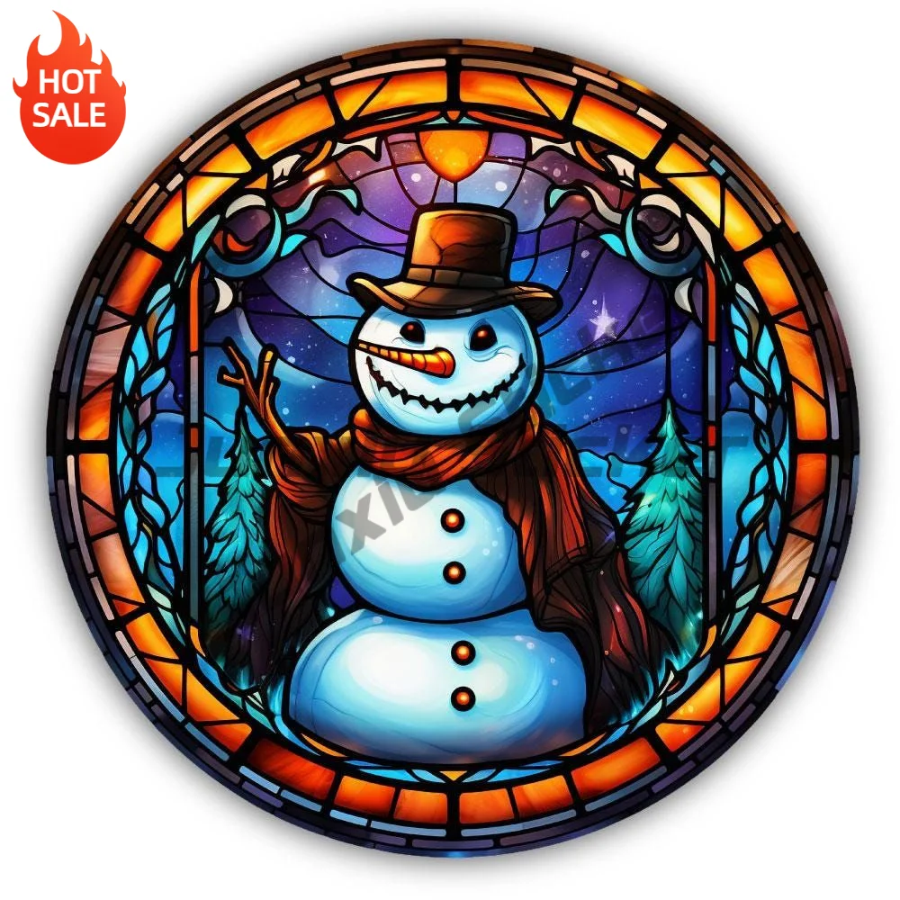 Christmas Halloween Style Snowman Stained Glass Effect Color Art Round Vinyl Sticker For Car Bumper And Laptop Decal